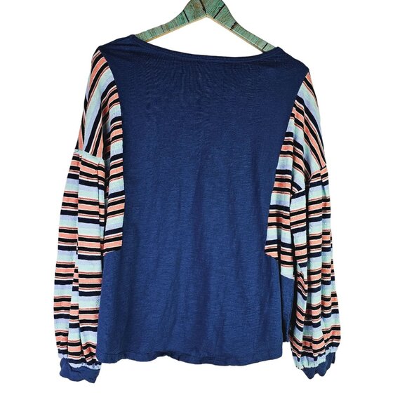 Umgee Plus Navy Blue Banded Cuffed Stripped Sleeve Round Hem Split Hip Top, XL - Picture 2 of 6